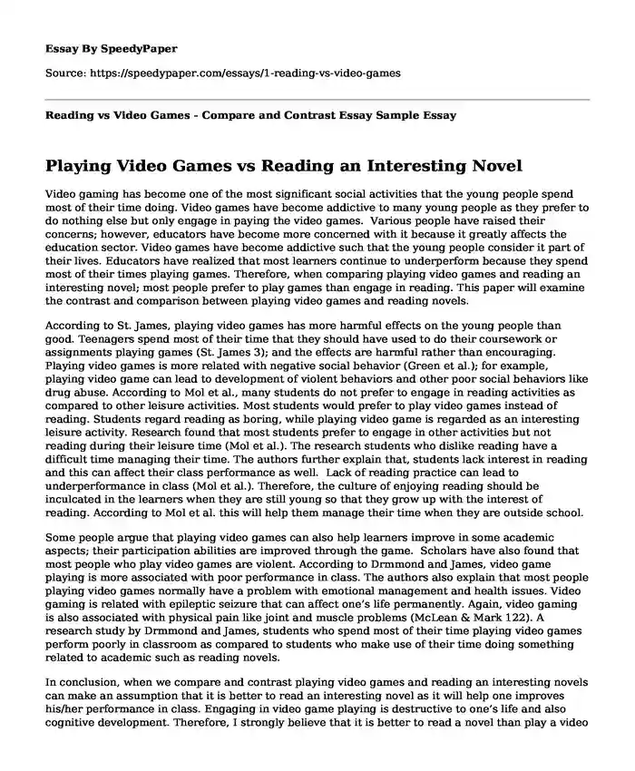 Reading vs Video Games - Compare and Contrast Essay Sample