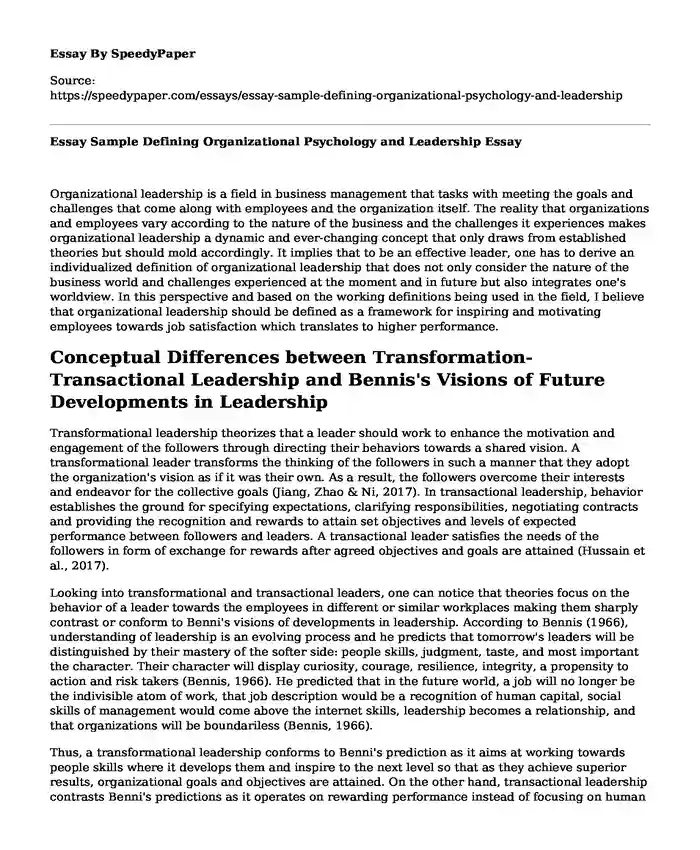 Essay Sample Defining Organizational Psychology and Leadership
