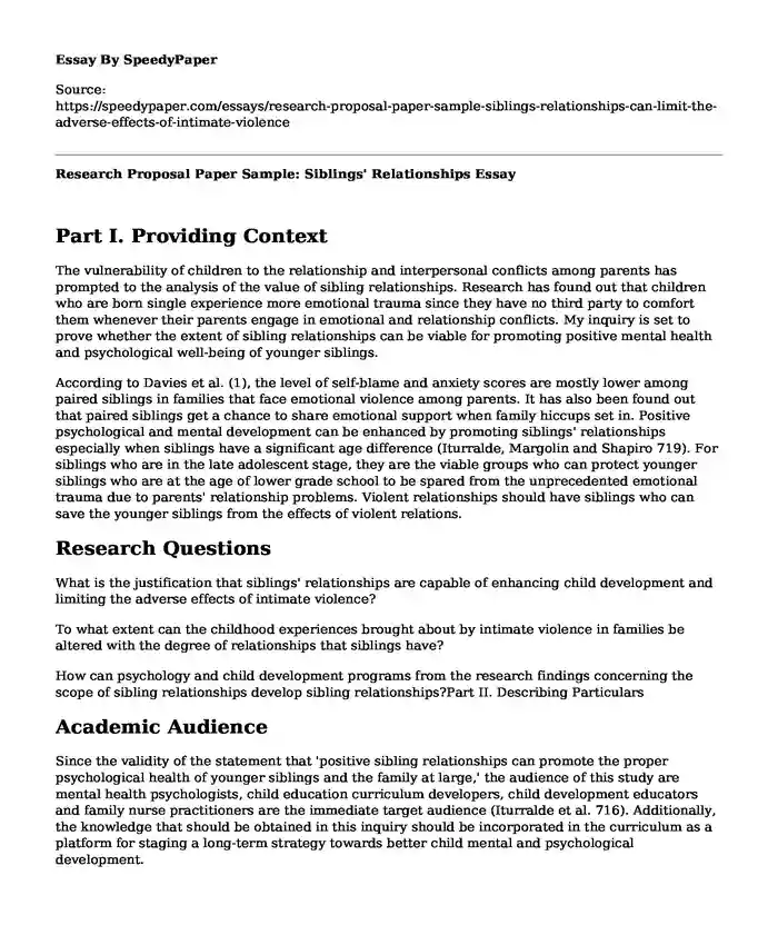 Research Proposal Paper Sample: Siblings' Relationships