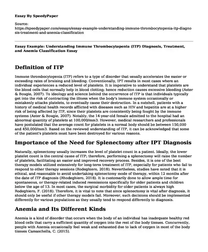 Essay Example: Understanding Immune Thrombocytopenia (ITP) Diagnosis, Treatment, and Anemia Classification