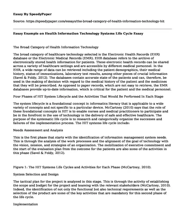 Essay Example on Health Information Technology Systems Life Cycle