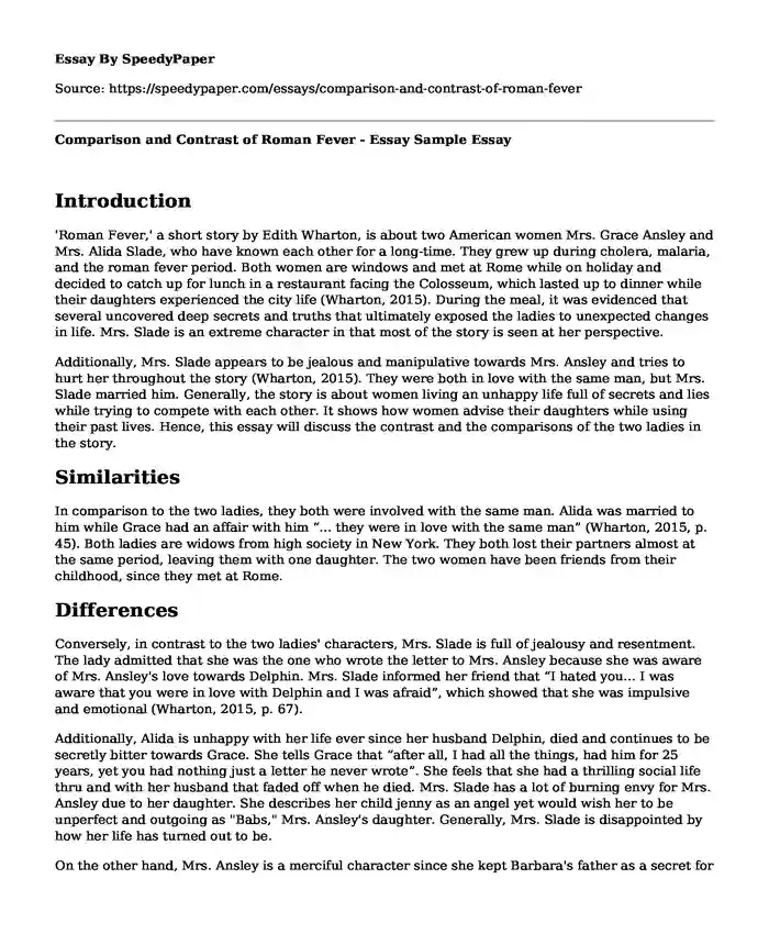 Comparison and Contrast of Roman Fever - Essay Sample