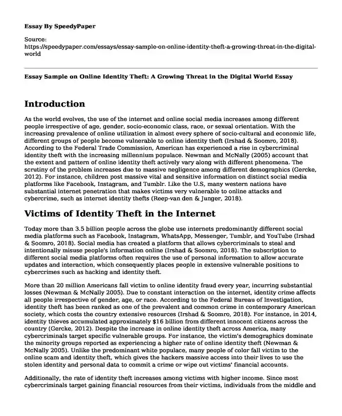 Essay Sample on Online Identity Theft: A Growing Threat in the Digital World