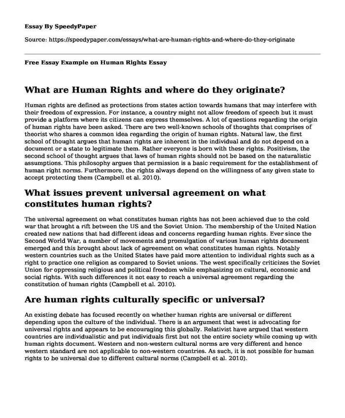 Free Essay Example on Human Rights