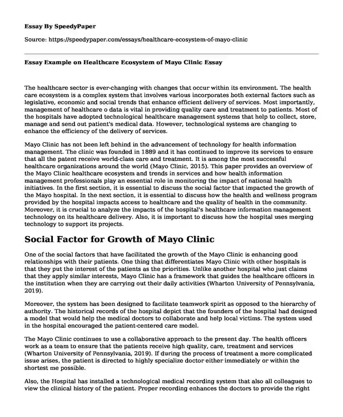 Essay Example on Healthcare Ecosystem of Mayo Clinic