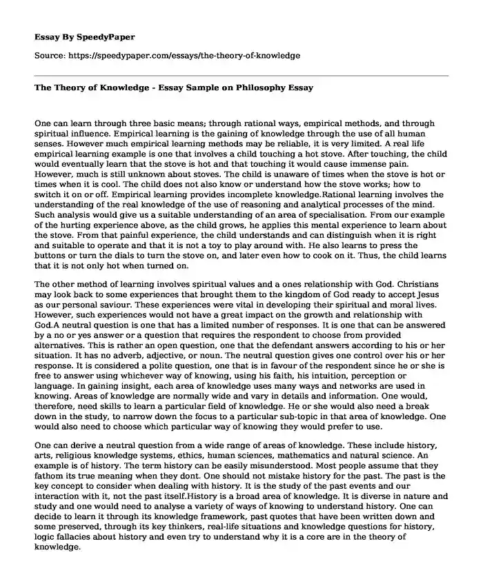 The Theory of Knowledge - Essay Sample on Philosophy