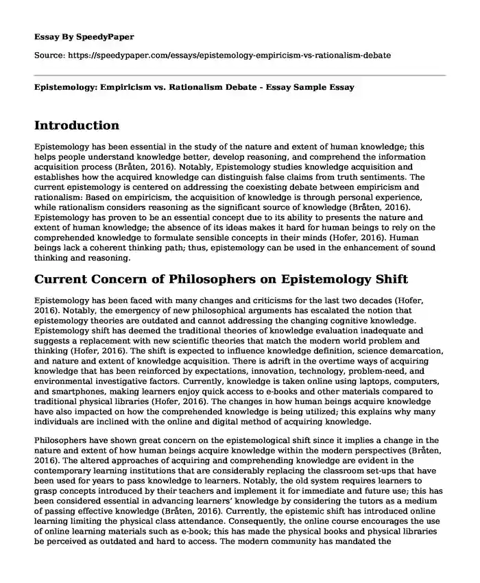 Epistemology: Empiricism vs. Rationalism Debate - Essay Sample