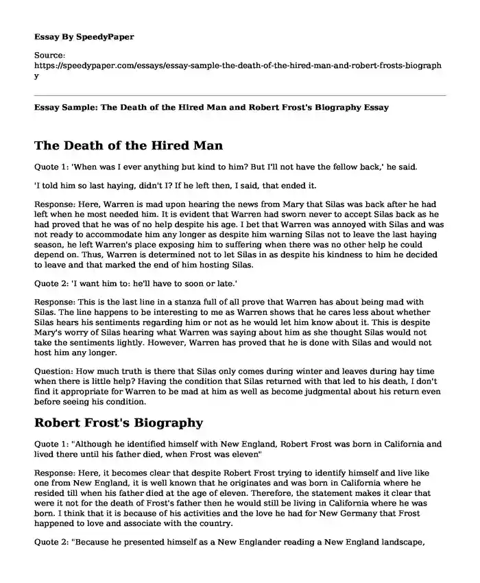 Essay Sample: The Death of the Hired Man and Robert Frost's Biography