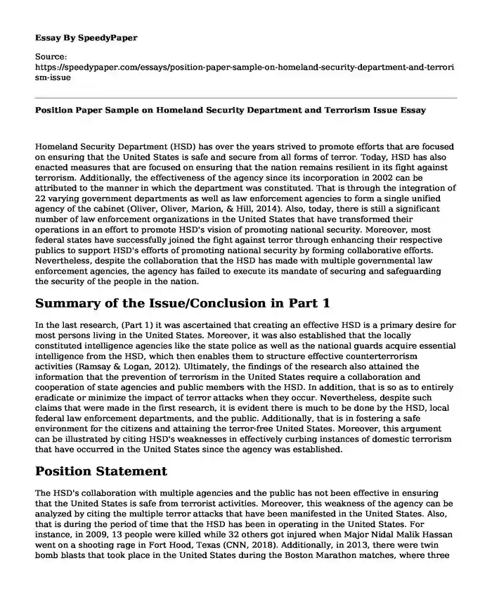 Position Paper Sample on Homeland Security Department and Terrorism Issue