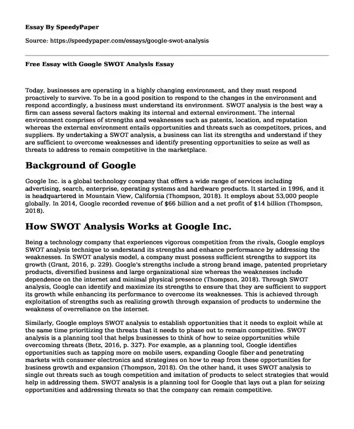 Free Essay with Google SWOT Analysis