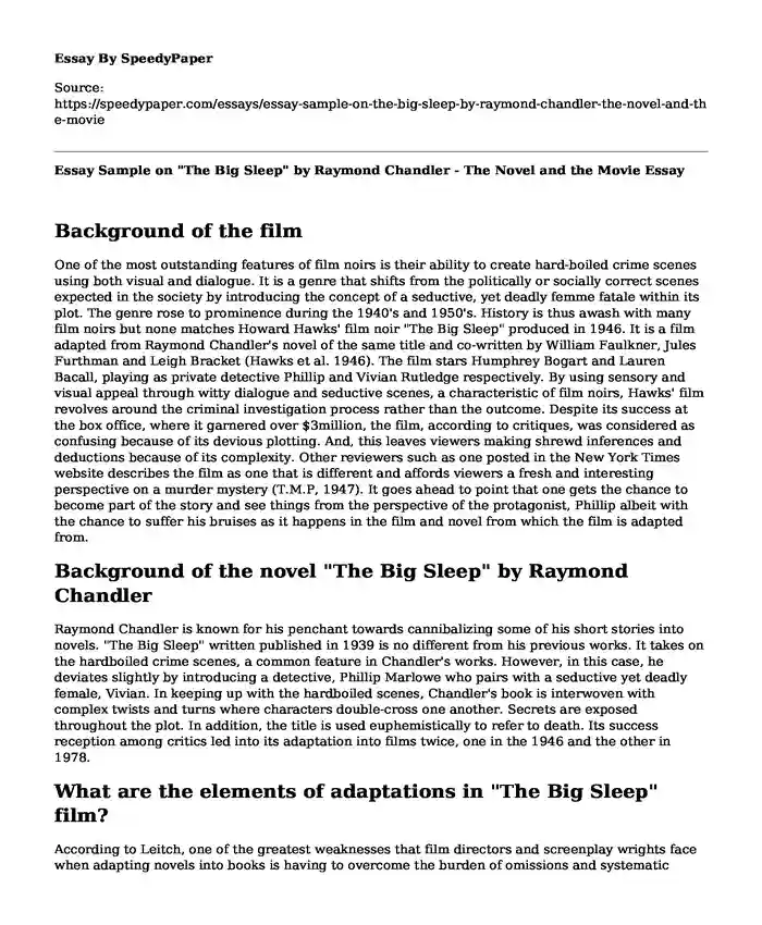 Essay Sample on "The Big Sleep" by Raymond Chandler - The Novel and the Movie