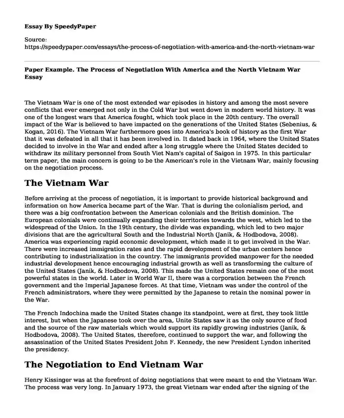 Paper Example. The Process of Negotiation With America and the North Vietnam War