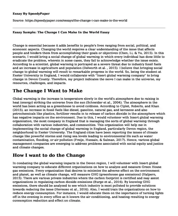 Essay Sample: The Change I Can Make In the World