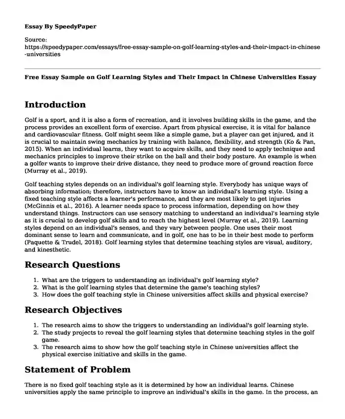 Free Essay Sample on Golf Learning Styles and Their Impact in Chinese Universities