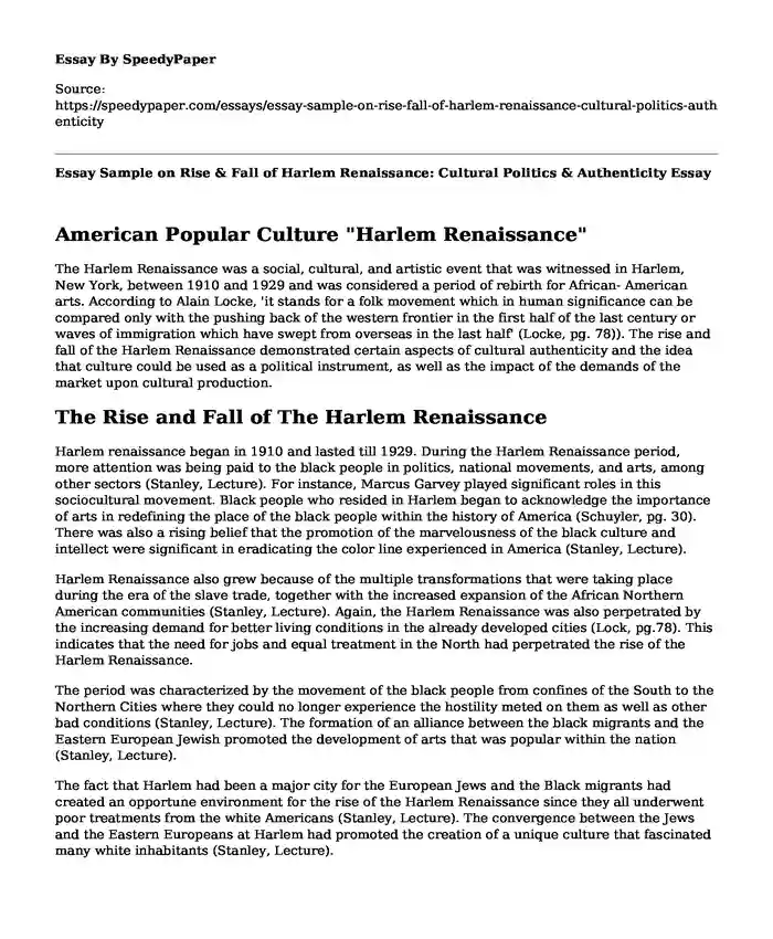 Essay Sample on Rise & Fall of Harlem Renaissance: Cultural Politics & Authenticity