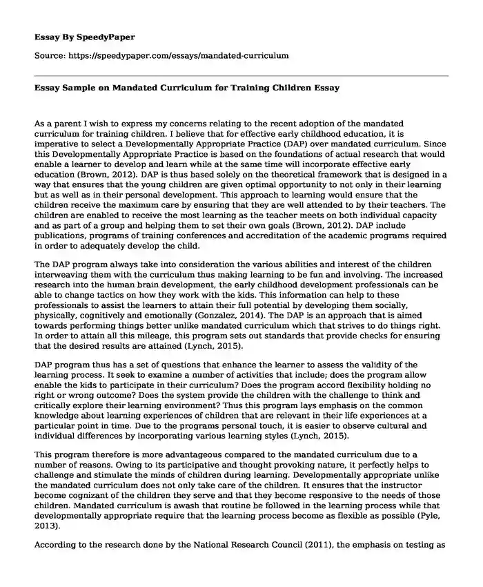 Essay Sample on Mandated Curriculum for Training Children