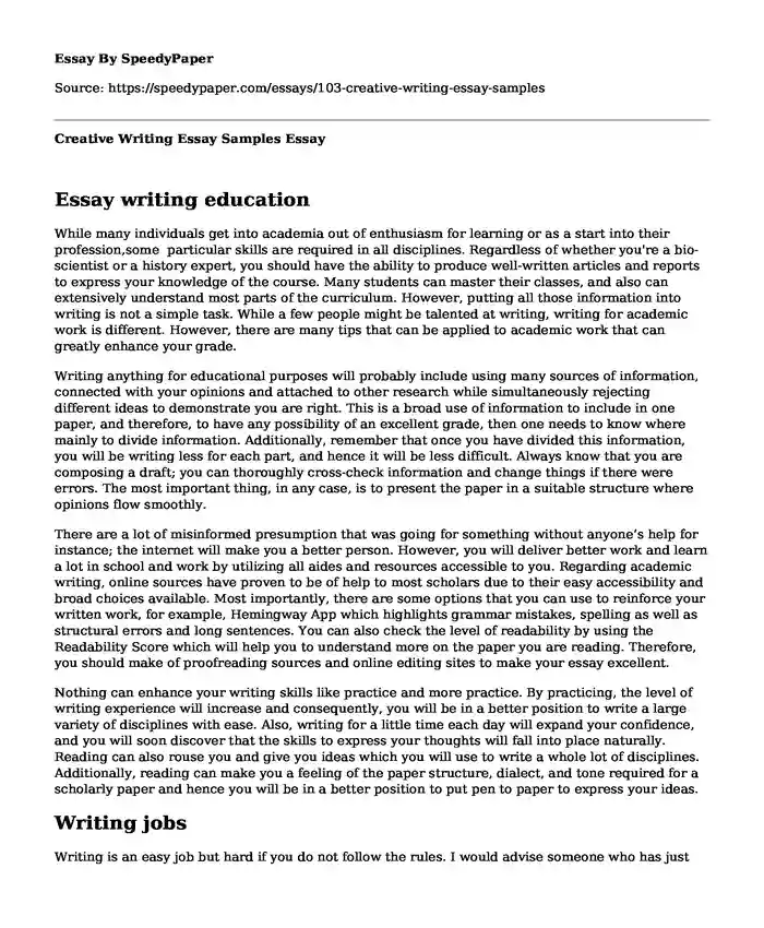 Creative Writing Essay Samples