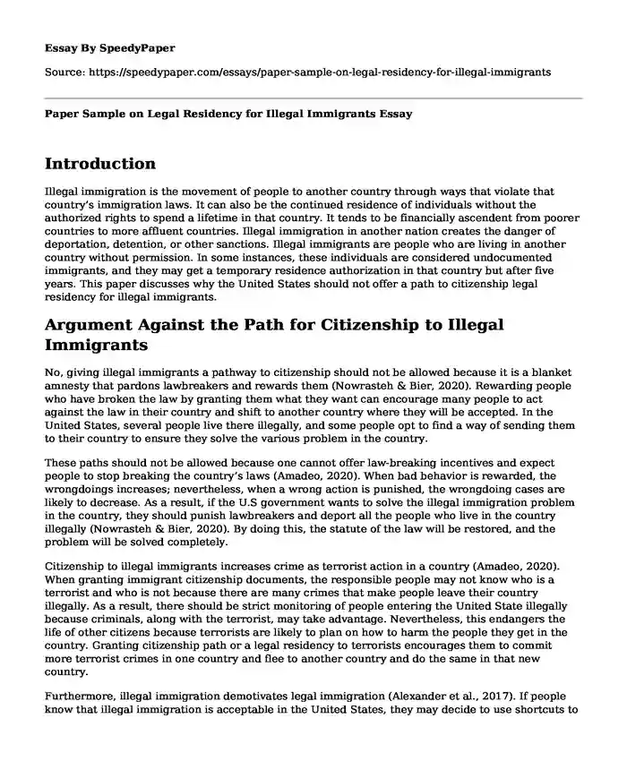 Paper Sample on Legal Residency for Illegal Immigrants