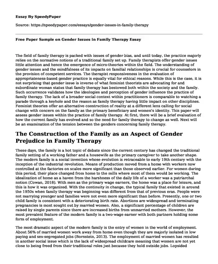 Free Paper Sample on Gender Issues in Family Therapy