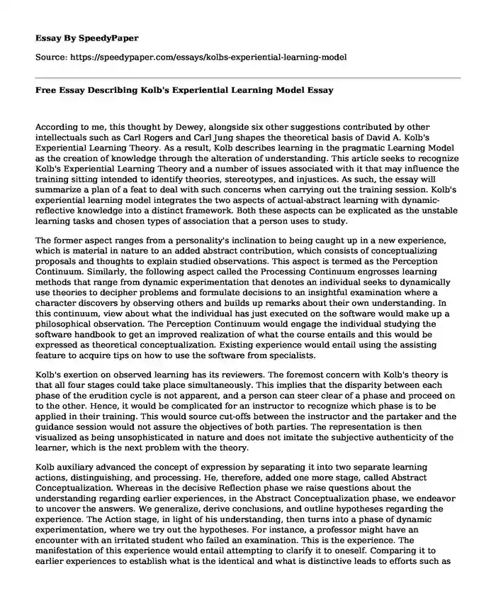 Free Essay Describing Kolb's Experiential Learning Model
