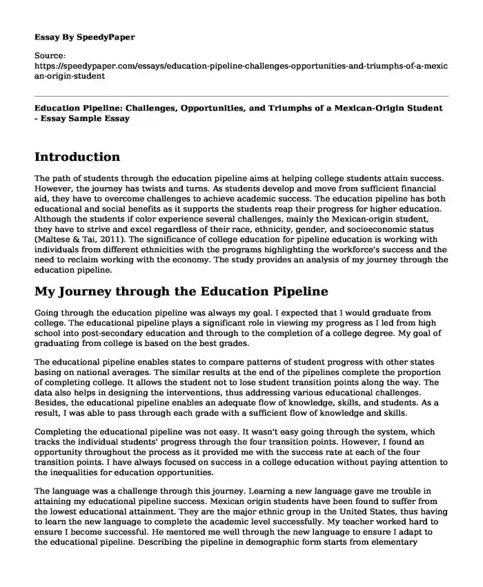 Education Pipeline: Challenges, Opportunities, and Triumphs of a Mexican-Origin Student - Essay Sample