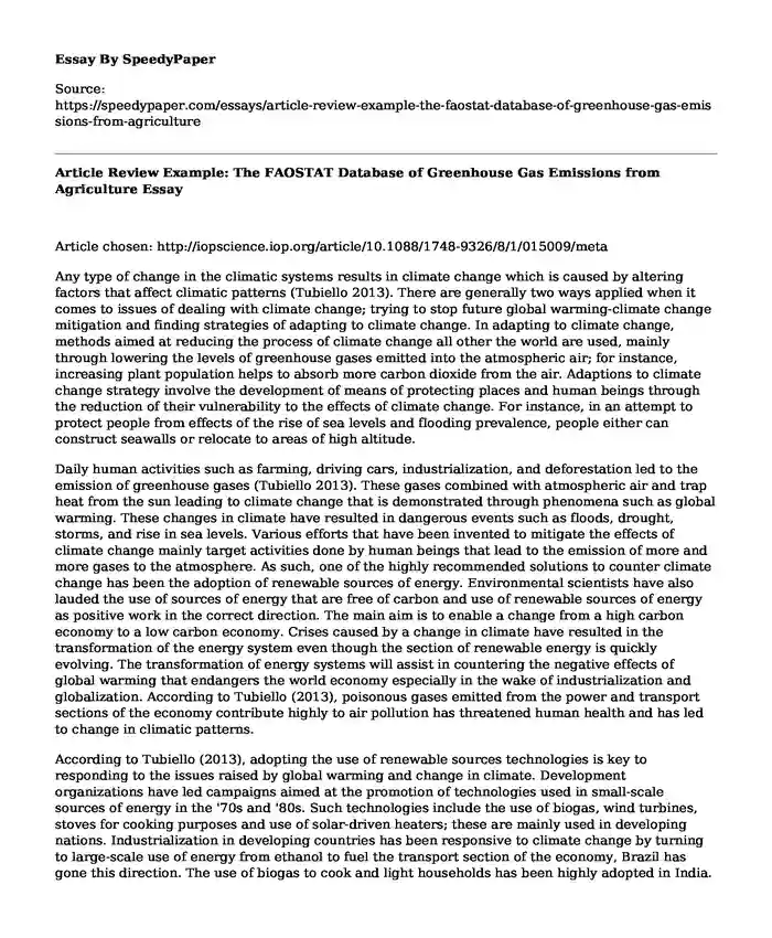 Article Review Example: The FAOSTAT Database of Greenhouse Gas Emissions from Agriculture