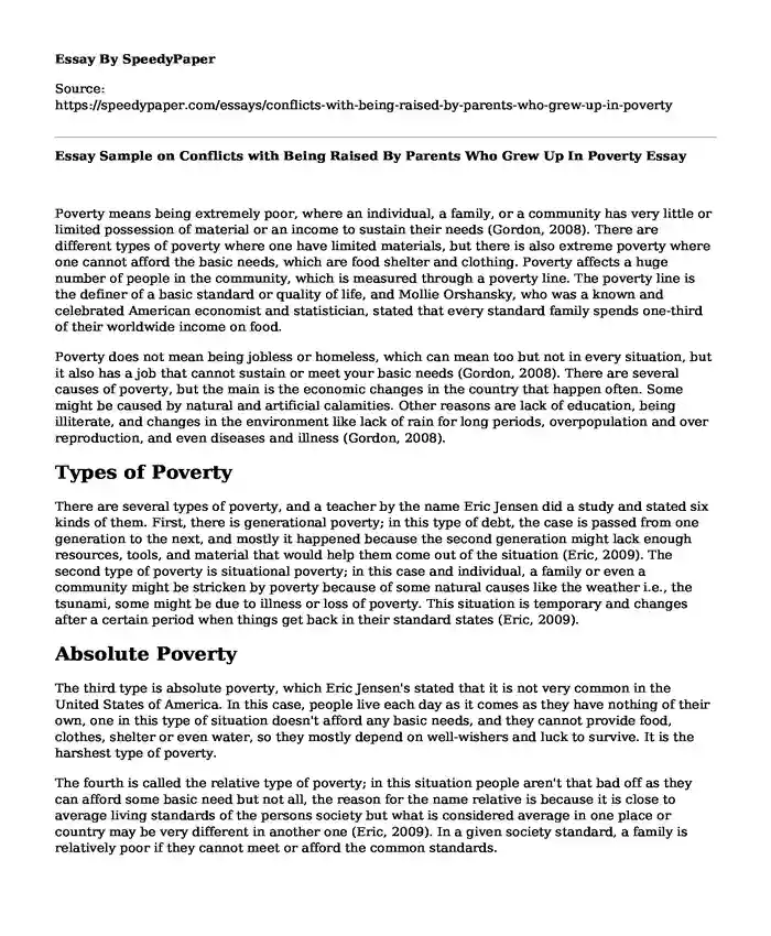 Essay Sample on Conflicts with Being Raised By Parents Who Grew Up In Poverty