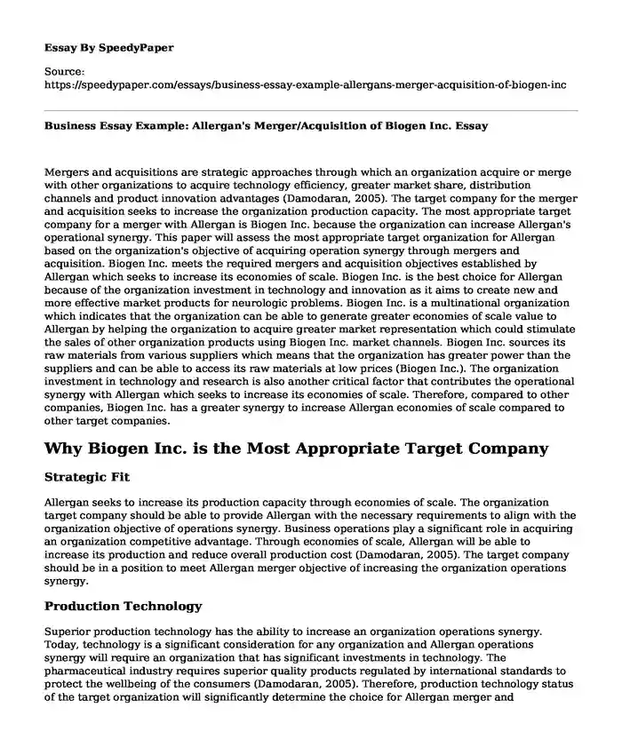 Business Essay Example: Allergan's Merger/Acquisition of Biogen Inc.
