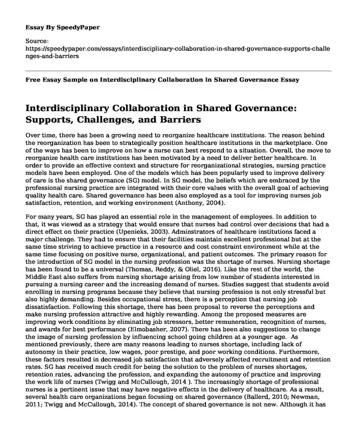 Free Essay Sample on Interdisciplinary Collaboration in Shared Governance