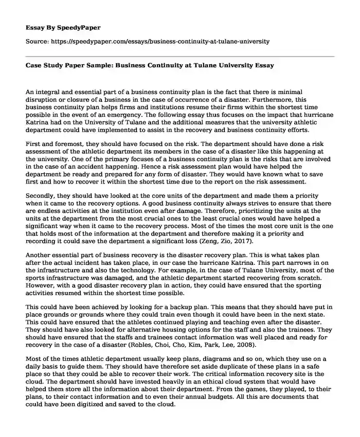 Case Study Paper Sample: Business Continuity at Tulane University