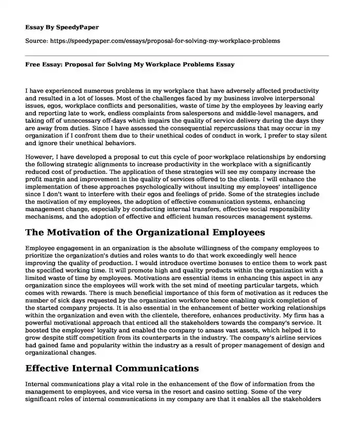 Free Essay: Proposal for Solving My Workplace Problems