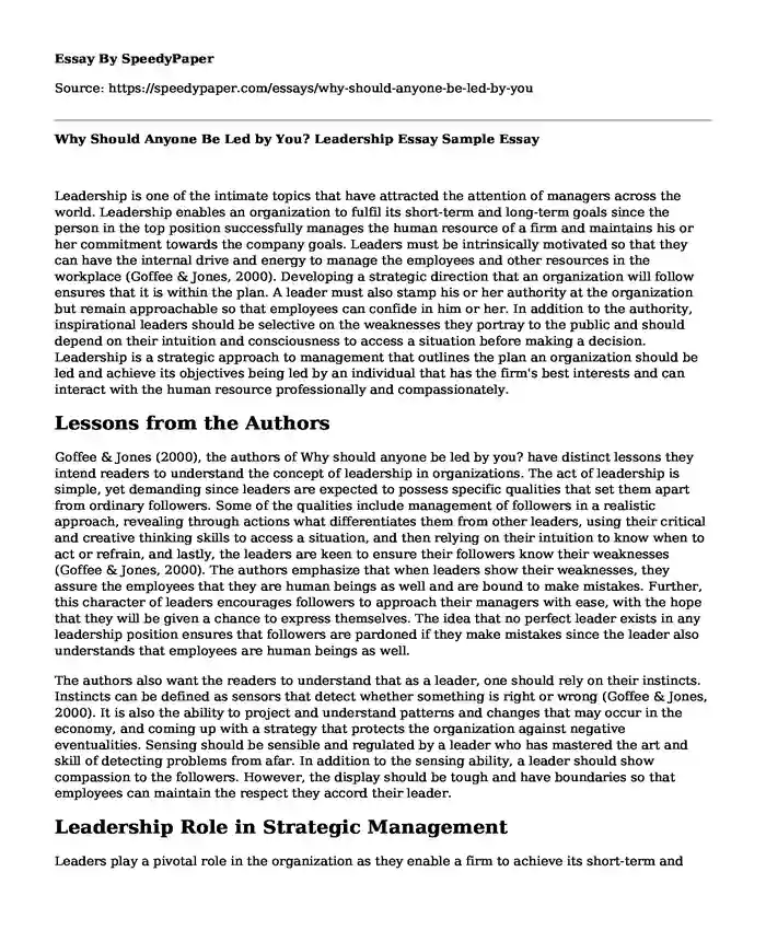 Why Should Anyone Be Led by You? Leadership Essay Sample