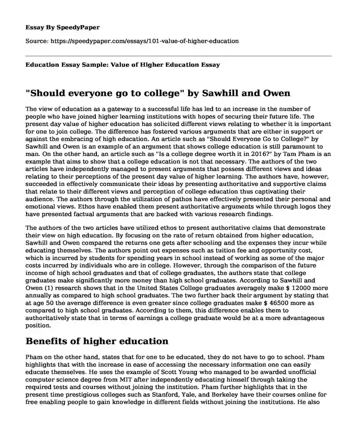 Education Essay Sample: Value of Higher Education