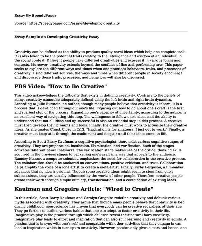 Essay Sample on Developing Creativity