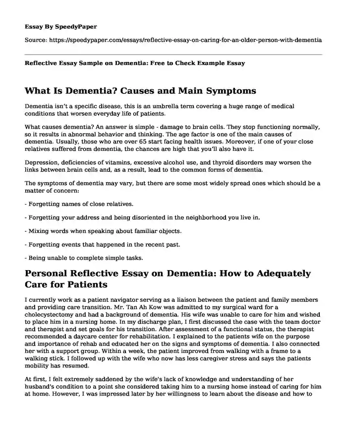 Reflective Essay Sample on Dementia: Free to Check Example