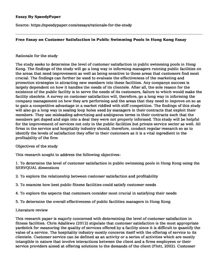 Free Essay on Customer Satisfaction in Public Swimming Pools in Hong Kong