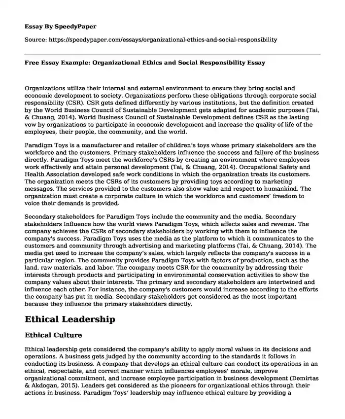  Free Essay Example: Organizational Ethics and Social Responsibility