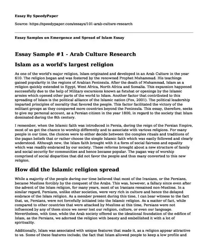Essay Samples on Emergence and Spread of Islam