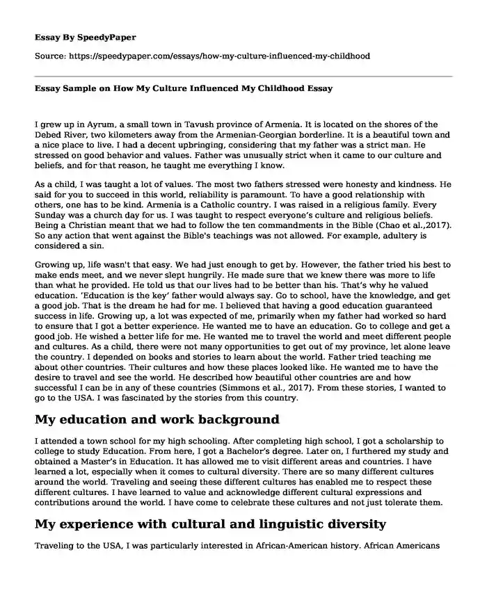 Essay Sample on How My Culture Influenced My Childhood