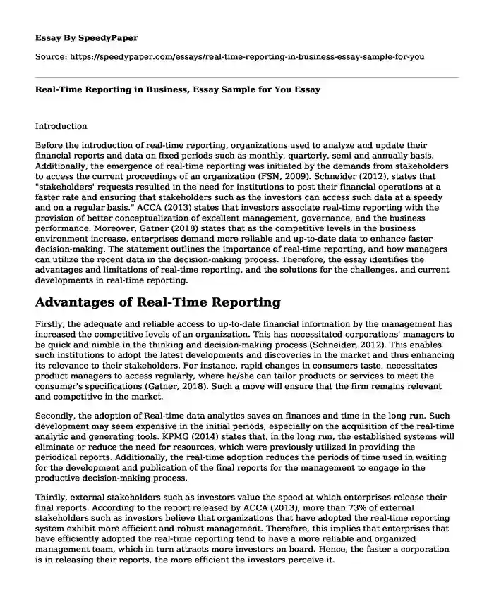 Real-Time Reporting in Business, Essay Sample for You