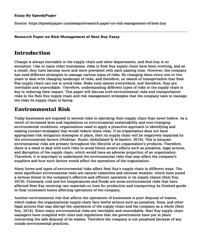 Research Paper on Risk Management of Best Buy