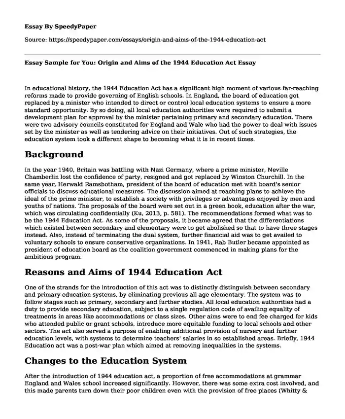 Essay Sample for You: Origin and Aims of the 1944 Education Act