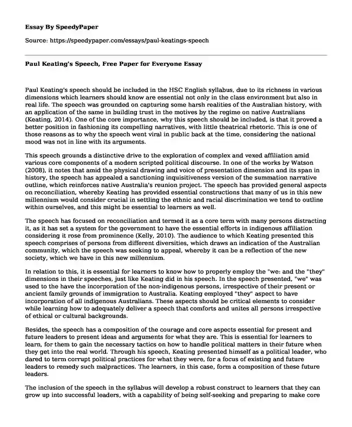 Paul Keating's Speech, Free Paper for Everyone