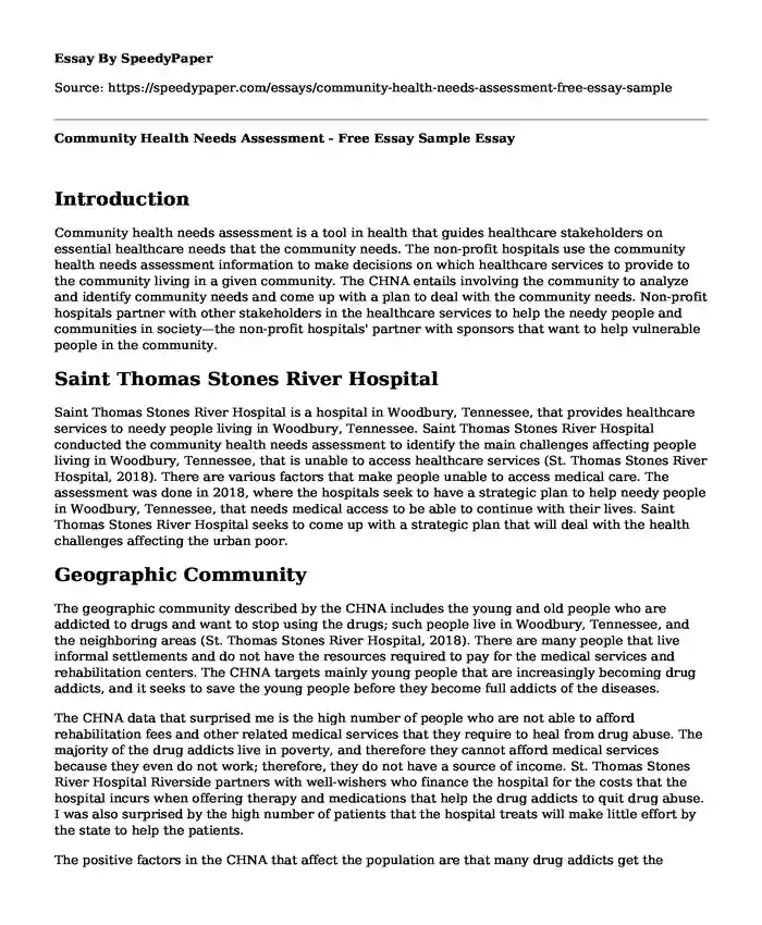 Community Health Needs Assessment - Free Essay Sample