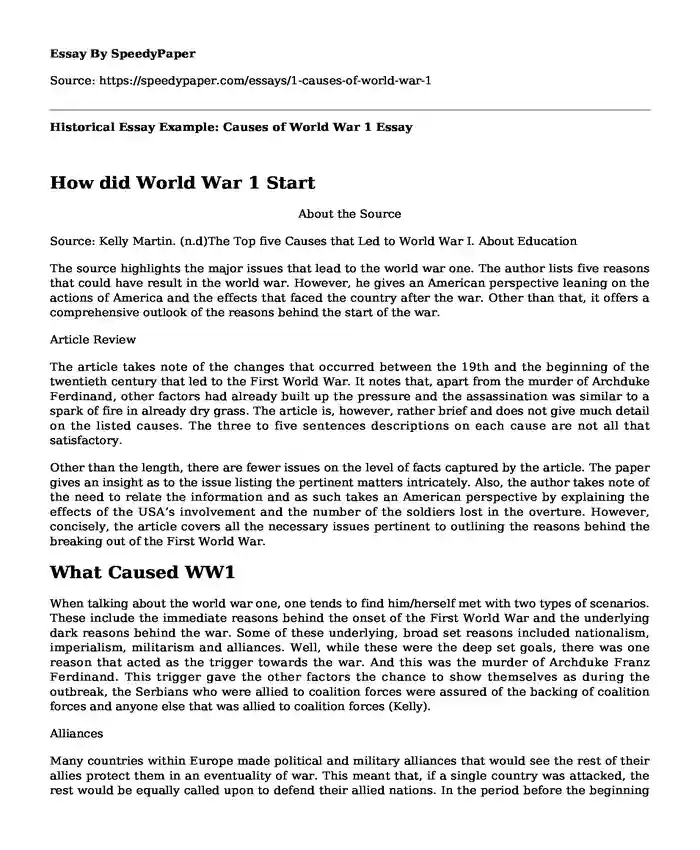 Historical Essay Example: Causes of World War 1