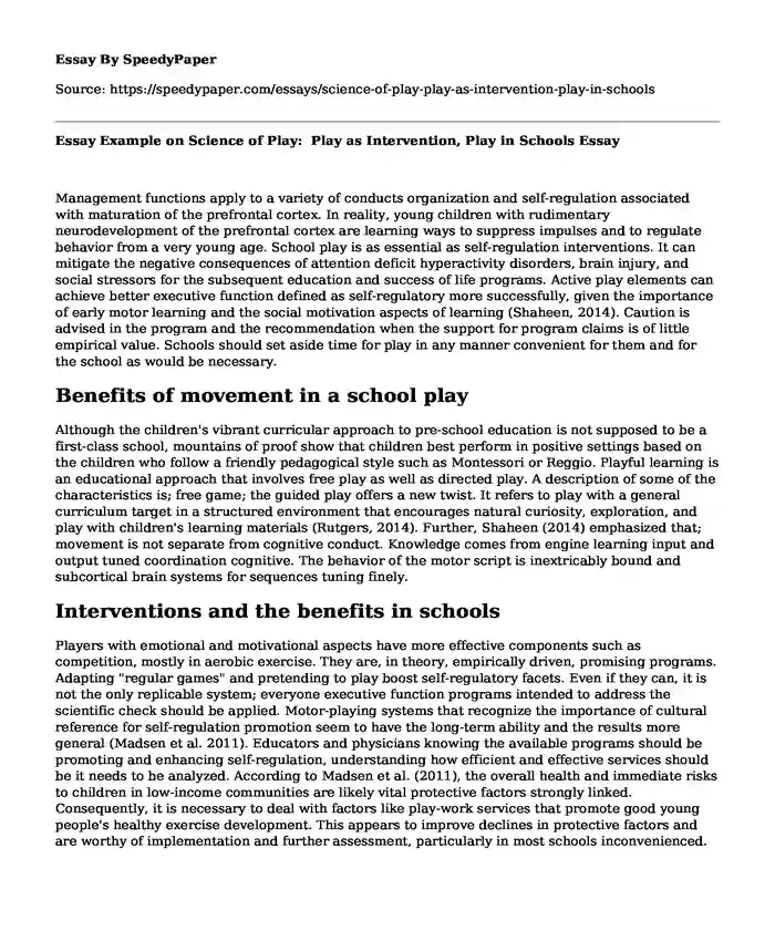 Essay Example on Science of Play:  Play as Intervention, Play in Schools