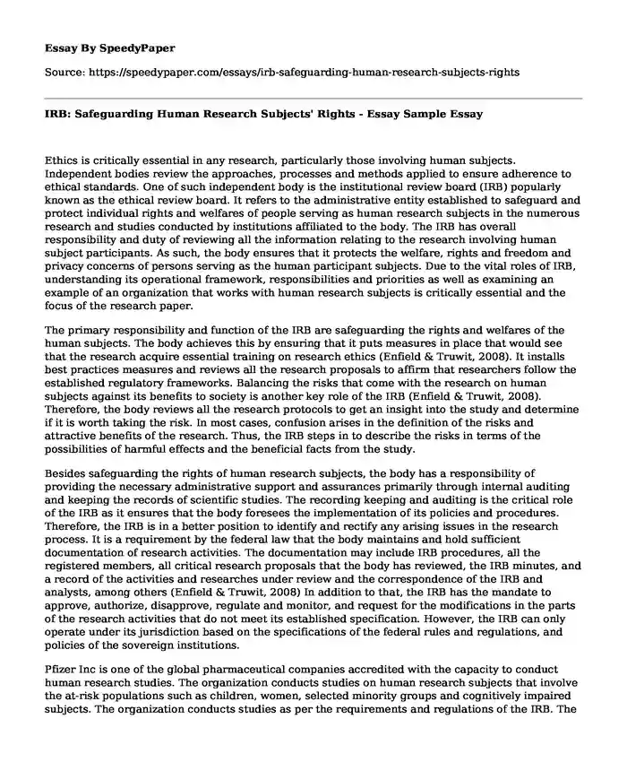 IRB: Safeguarding Human Research Subjects' Rights - Essay Sample