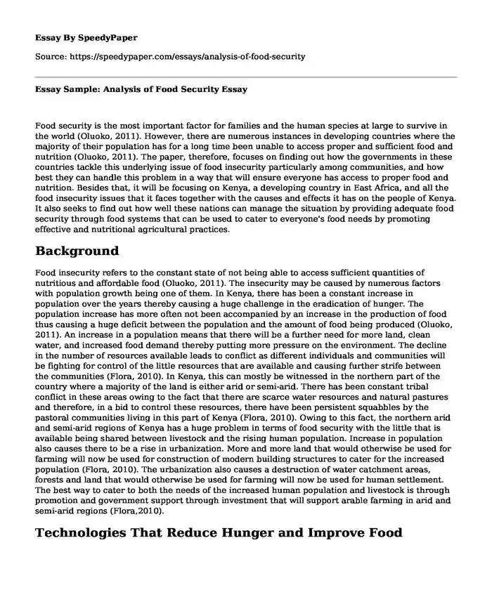 Essay Sample: Analysis of Food Security