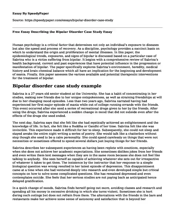Free Essay Describing the Bipolar Disorder Case Study
