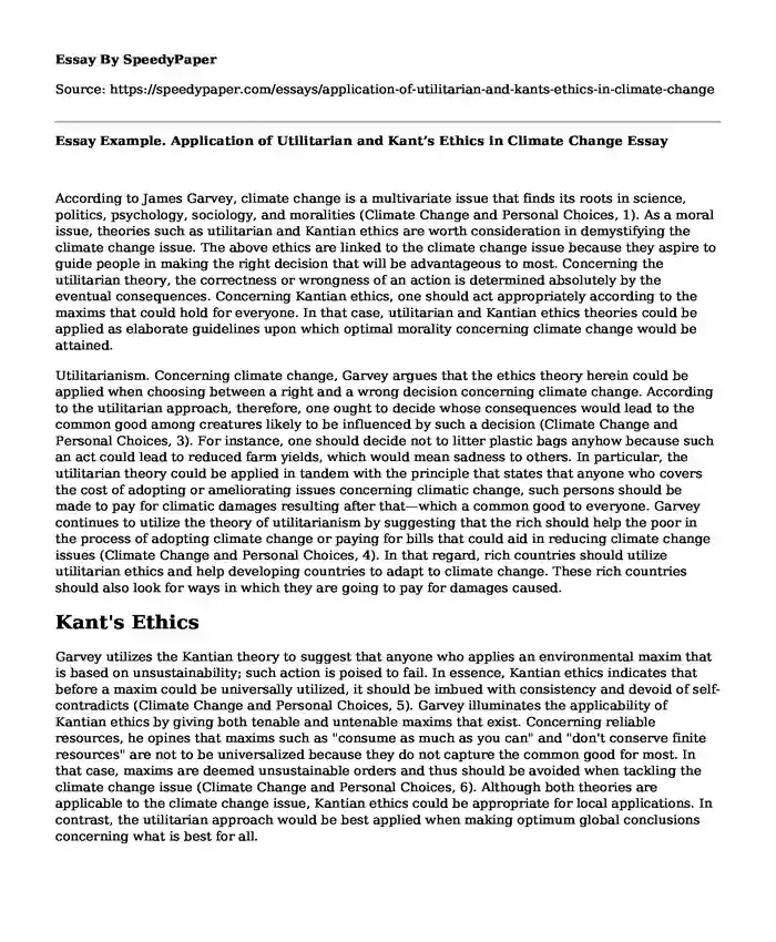 Essay Example. Application of Utilitarian and Kant's Ethics in Climate Change